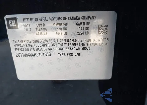 2017 Chevrolet Impala 1Lt from USA, damaged, VIN 2G1105S34H9161860